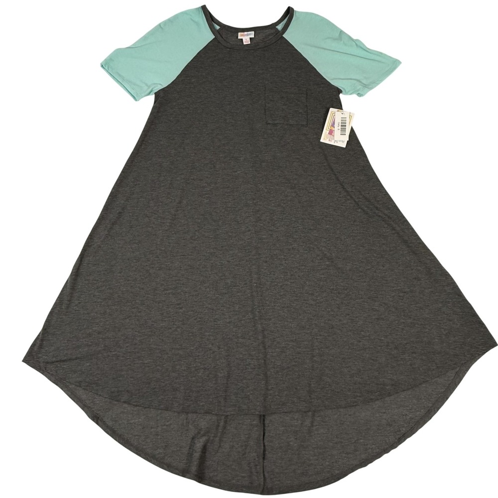 LuLaRoe Carly Dress Small Gray Aqua Raglan High Low‎ Hem Pocket Swing Oversized